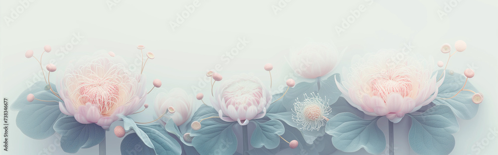 Zen background of flowers in ethereal soft spiritual light. Pastel pink water petals with stems and leaves for spa bookmarks and poetic banners. Natural healing, yoga and meditation concept. - obrazy, fototapety, plakaty 