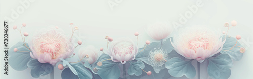 Zen background of flowers in ethereal soft spiritual light. Pastel pink water petals with stems and leaves for spa bookmarks and poetic banners. Natural healing, yoga and meditation concept. photo