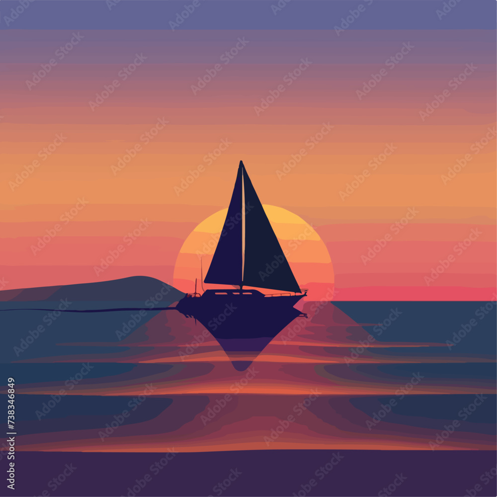 Sailing yacht during sunset at sea flat design