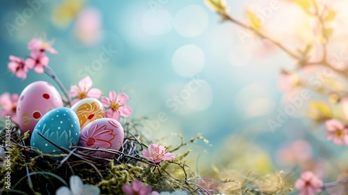 Colorful easter eggs isolated on blue background with copy space
