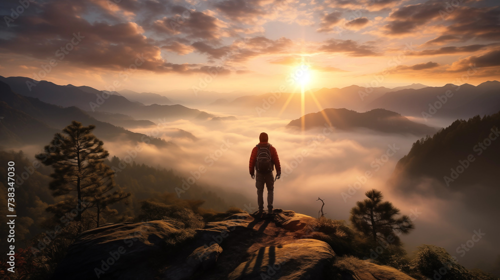 Solitary Explorer at Sunrise Over Misty Mountains