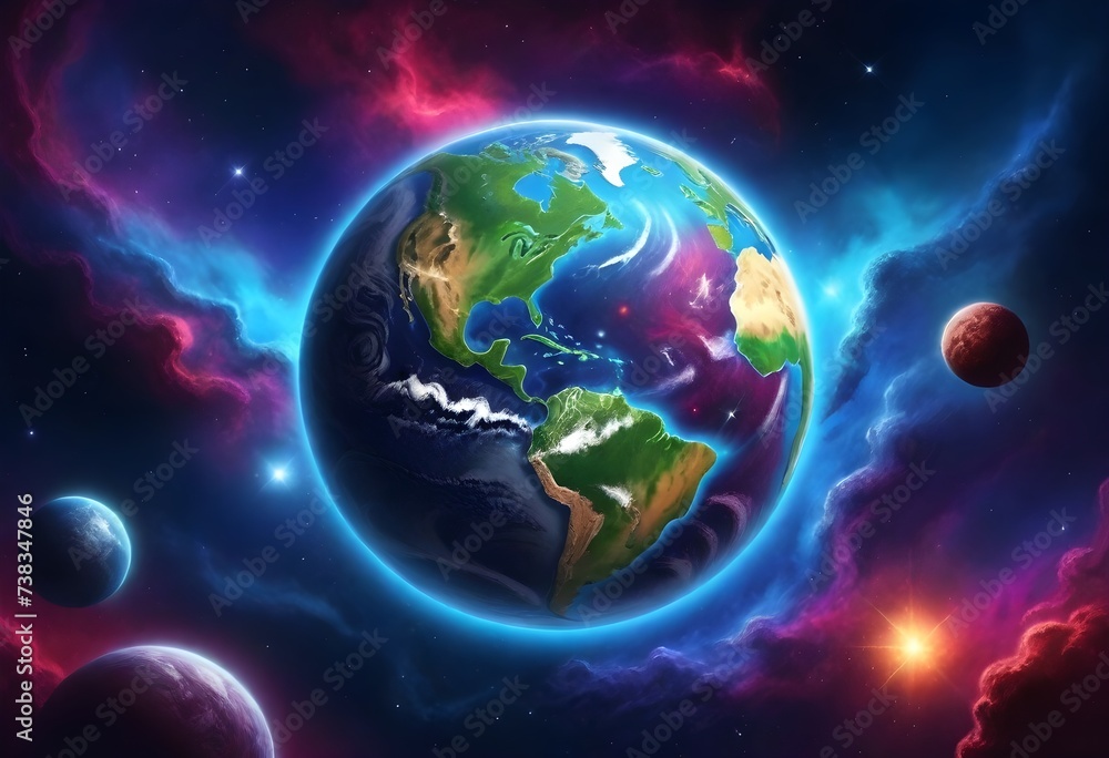 Planet Earth with prominent North and South America continents against a vibrant cosmic background with nebulae and stars Planet Earth with prominent North and South America continents against a vibrant cosmic background with nebulae and stars