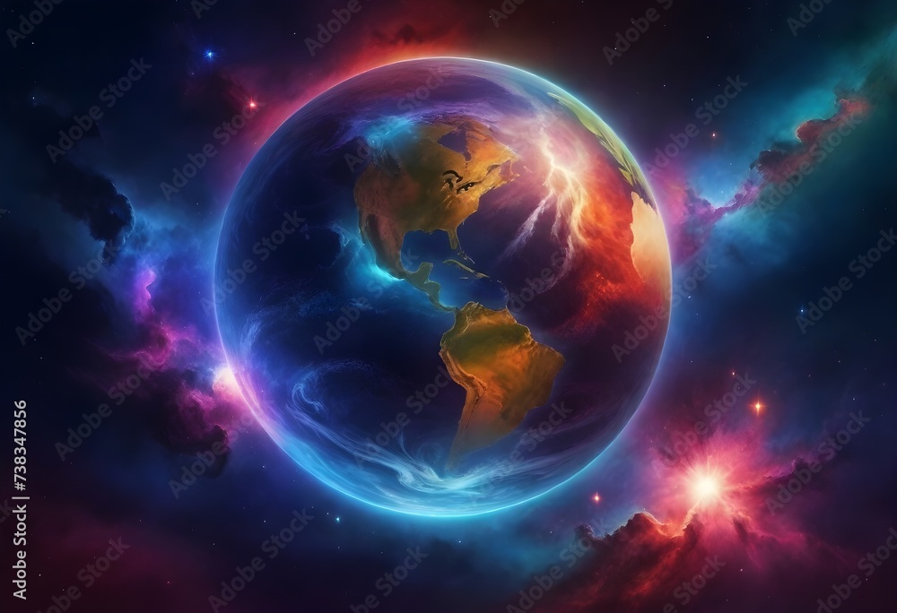 Fototapeta premium Planet Earth with prominent North and South America continents against a vibrant cosmic background with nebulae and stars