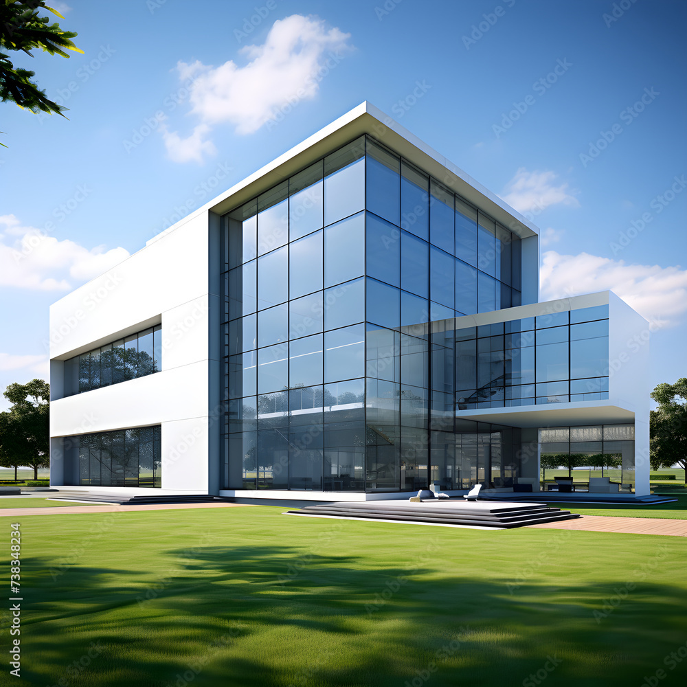 Minimalist Modern Corporate Building under Clear Blue Sky Reflecting Progress and Innovation