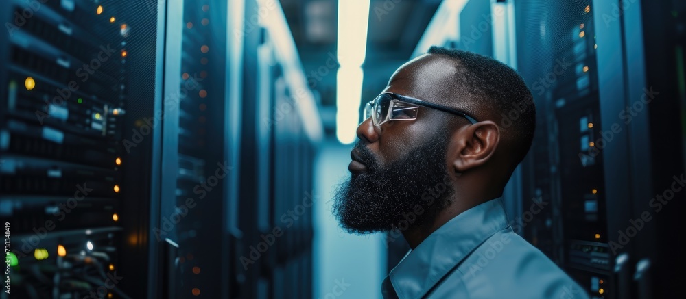 African American specialist ensures operational continuity by maintaining electric generators, while a precise engineer inspects blade servers for data backups and centralized storage. - obrazy, fototapety, plakaty 