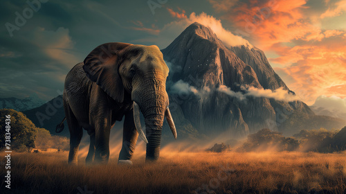 Elephant in front of the mountain