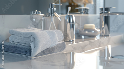 A clean and modern bathroom countertop with a glass soap dispenser, toothbrush holder, and neatly folded towels