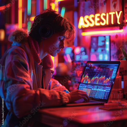 A focused individual sitting at a desk with a laptop open. The screen displays a colorful array of charts and graphs representing different skills. "ASSESITY" neon wall sign. AI generated