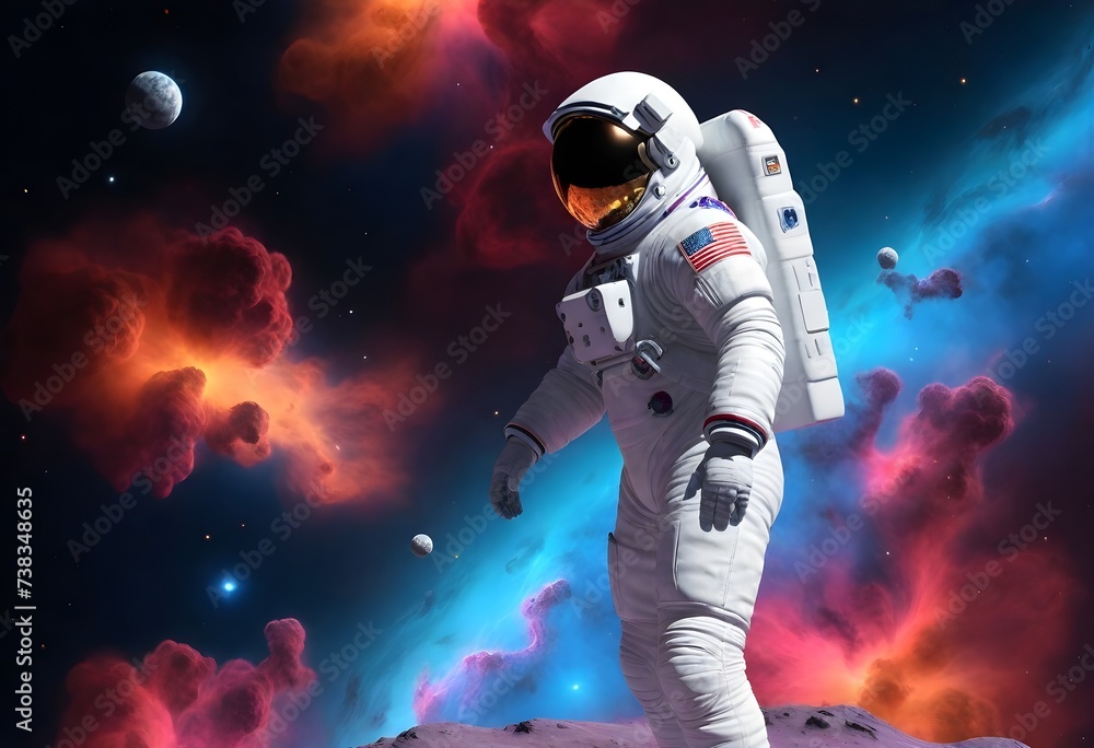 An 
astronaut
 in a 
white
 space suit with 
American flag
 patches floating above a 
lunar surface
 with a 
colorful nebula
 and multiple 
celestial bodies
 in the background