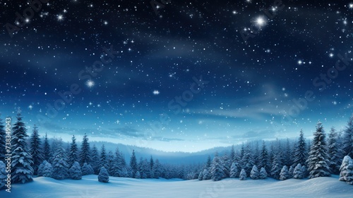 Illustration of a view of snowy mountains, with trees and a background of clusters of stars, at night.