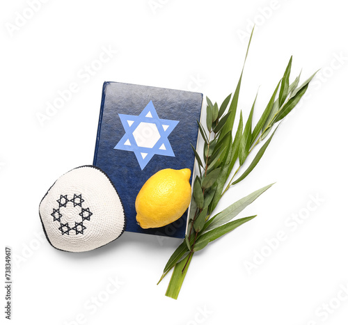 Four species (lulav, hadas, arava, etrog) as Sukkot festival symbol, Torah and kippah on white background photo