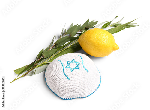 Four species (lulav, hadas, arava, etrog) as Sukkot festival symbols and kippah on white background photo