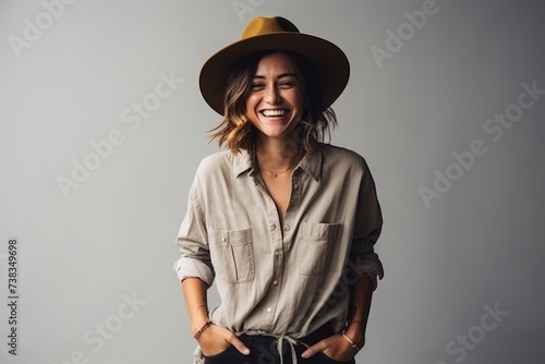 Portrait of a beautiful young woman laughing and wearing a straw hat