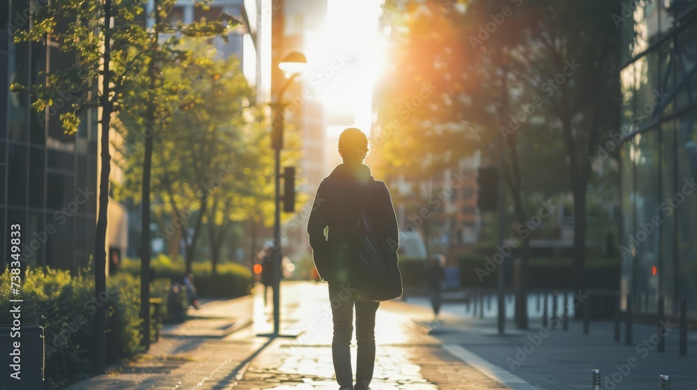 A man stands on the city sidewalk, basking in the warm autumn sunlight that backlights him as he takes in the beautiful outdoor scenery of trees and the setting sun A man stands on the city sidewalk, basking in the warm autumn sunlight that backlights him as he takes in the beautiful outdoor scenery of trees and the setting sun