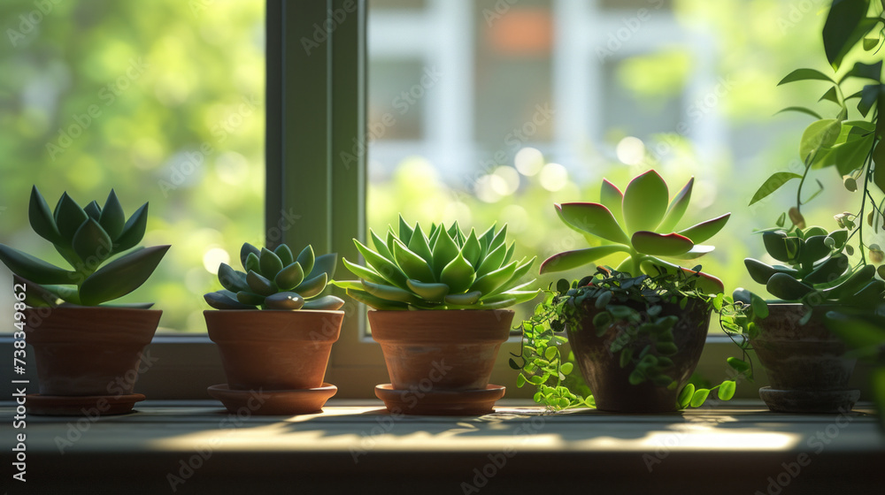 A symmetrical arrangement of potted succulents on a windowsill, adding a touch of greenery to a modern interior