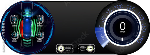 Futuristic Vehicle Dashboard Display - A High-Tech, User-Friendly Interface with Detailed Car Status Indicators and Speedometer
