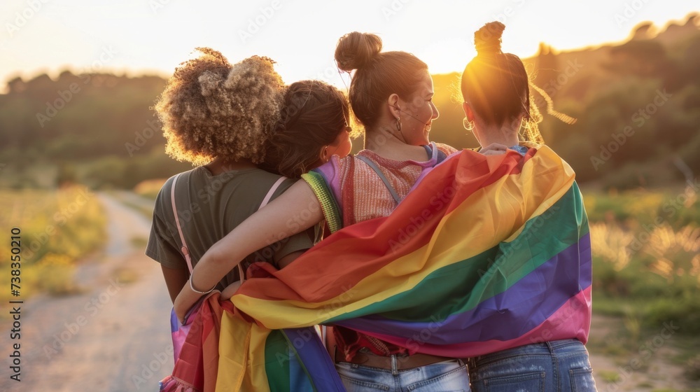 Fototapeta premium A sun-kissed group of diverse women embrace in a beautiful outdoor setting, their faces radiating joy and love as they stand united in solidarity