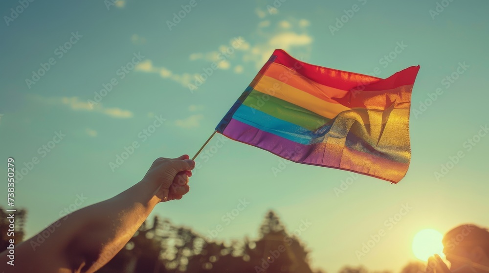 A person basking in the warm summer sunlight while holding a rainbow flag against a vibrant sky, with a touch of morning flare and a hint of clouds in the distance