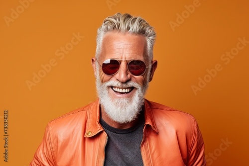 Portrait of a happy senior man with sunglasses against orange background.