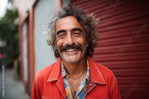 Portrait of a handsome mature man with curly hair smiling at the camera