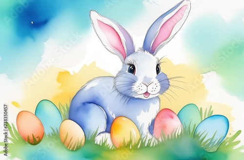 Easter watercolour bunny rabbit with Easter eggs © Karina