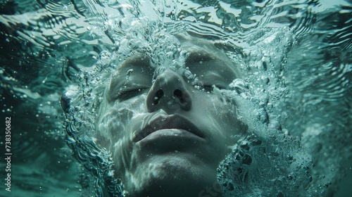 A serene aqua world envelops a swimmer's face, reflecting the peacefulness and freedom found beneath the water's surface