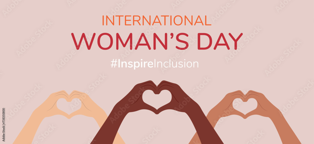Greeting card with hands like a heart of different skin color, March 8, International Women's Day. Inspiring inclusion. Flat Vector Illustration EPS10 - obrazy, fototapety, plakaty 