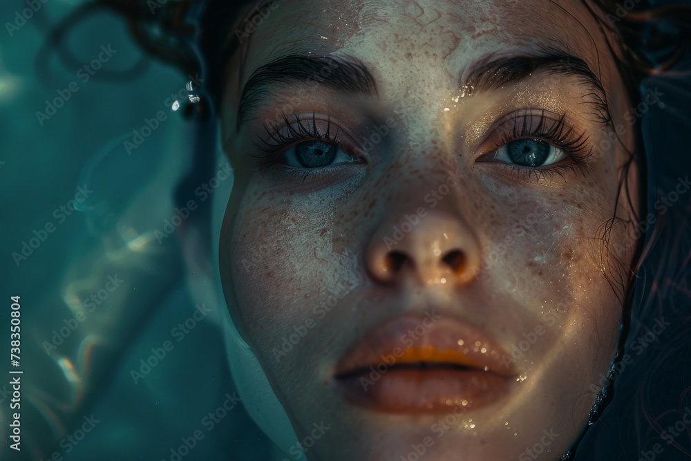 A captivating closeup portrait of a woman with freckles and piercing blue eyes, showcasing the delicate details of her human face, from her fluttering eyelashes to her arched eyebrows and rosy lips A captivating closeup portrait of a woman with freckles and piercing blue eyes, showcasing the delicate details of her human face, from her fluttering eyelashes to her arched eyebrows and rosy lips