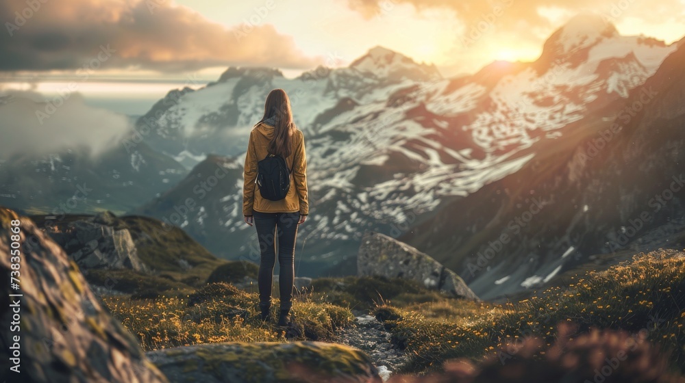 A solitary figure gazes in awe at the rugged landscape, enveloped in mist and surrounded by majestic mountains, as she stands atop a cloud-covered peak during a hiking adventure in the great outdoors - obrazy, fototapety, plakaty 