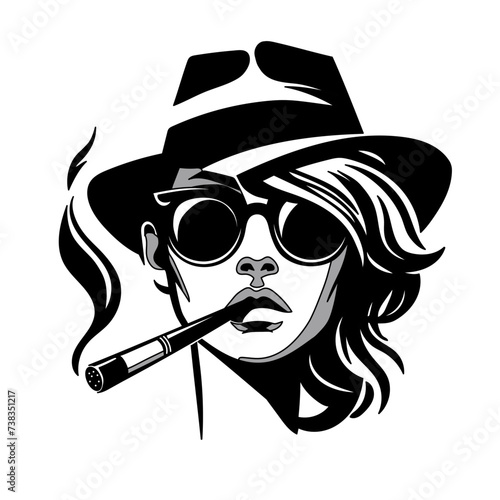 Vecctor illustration of woman's head with glasses and sigarette on white separate background