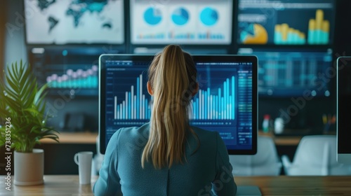 an analyst sitting in front of multiple computer screens, immersed in data analysis and business metrics.