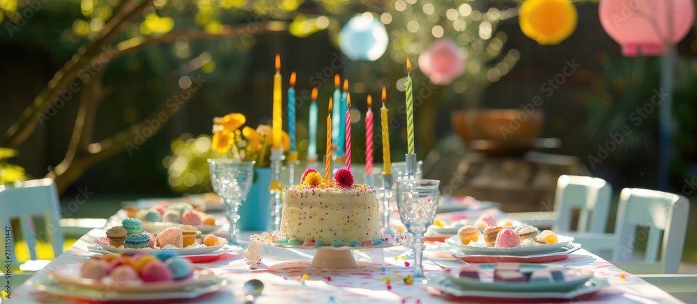 Children's birthday party table set up in the garden, complete with a cake adorned with candles. Children's birthday party table set up in the garden, complete with a cake adorned with candles.