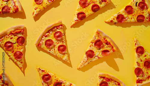 illustration, pizza pattern with different slices of pizza arranged on a yellow background,