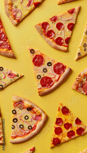 illustration, pizza pattern with different slices of pizza arranged on a yellow background,