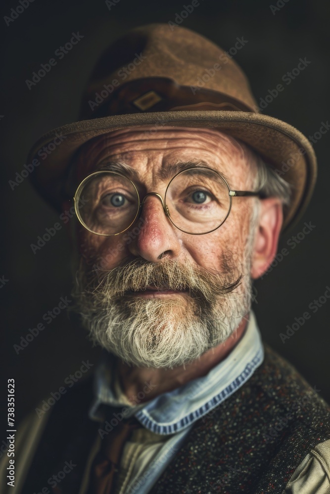 A distinguished gentleman, with a sharp beard and stylish glasses, exudes confidence and sophistication as he gazes confidently into the camera, adorned with a trendy hat and fashionable clothing, wh A distinguished gentleman, with a sharp beard and stylish glasses, exudes confidence and sophistication as he gazes confidently into the camera, adorned with a trendy hat and fashionable clothing, wh