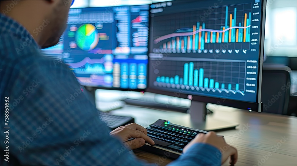 an analyst sitting in front of multiple computer screens, immersed in data analysis and business metrics. an analyst sitting in front of multiple computer screens, immersed in data analysis and business metrics.