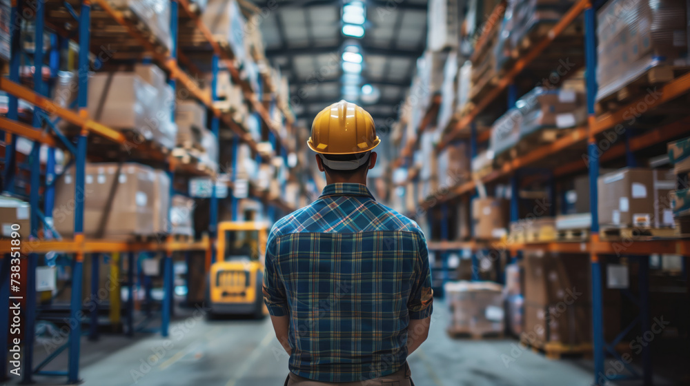 A warehouse worker in a hard hat stands amidst tall shelves filled with goods, overseeing operations. A warehouse worker in a hard hat stands amidst tall shelves filled with goods, overseeing operations.