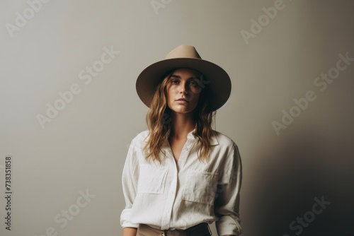 Portrait of a beautiful young woman in white shirt and hat.