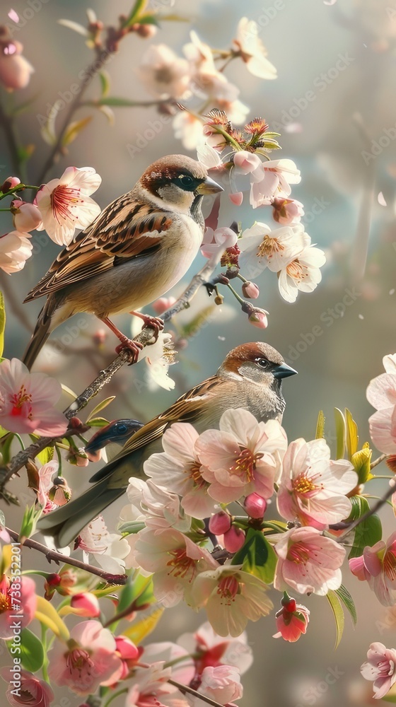 sparrow birds perched amidst blooming flowers on a tree branch, set against the backdrop of a picturesque spring garden, showcasing the harmony between nature and wildlife. sparrow birds perched amidst blooming flowers on a tree branch, set against the backdrop of a picturesque spring garden, showcasing the harmony between nature and wildlife.