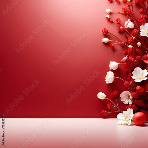 flowers on red and white background, place for text