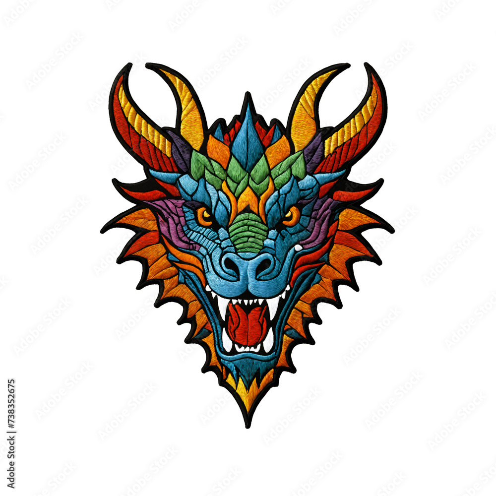 Colorful dragon head embroidered patch badge on transparent background