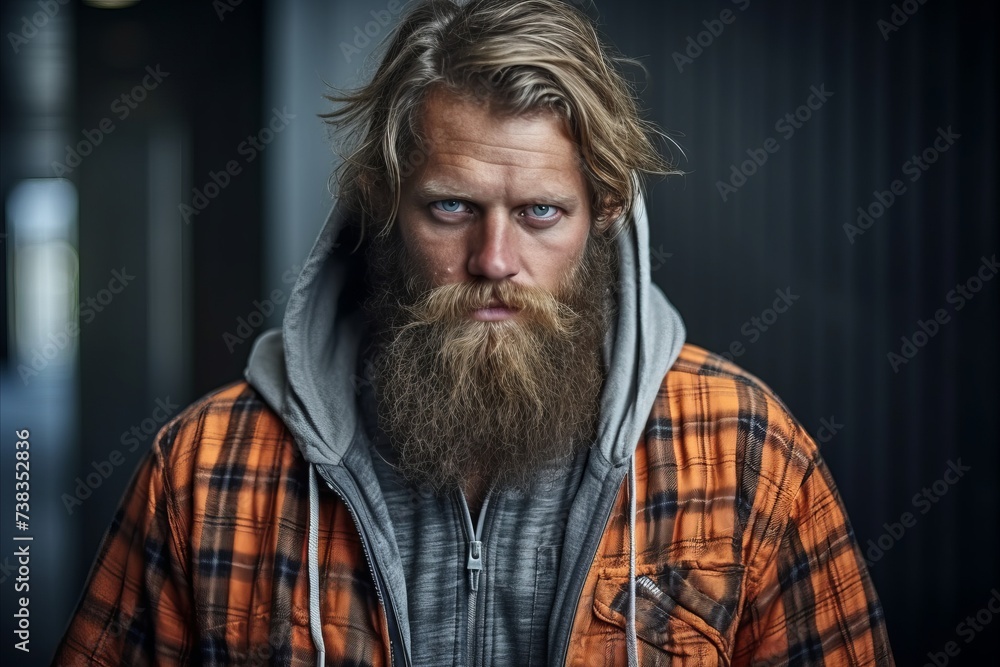 portrait of a sad and depressed man with a long beard and mustache in a hood looking at the camera in a dark room portrait of a sad and depressed man with a long beard and mustache in a hood looking at the camera in a dark room