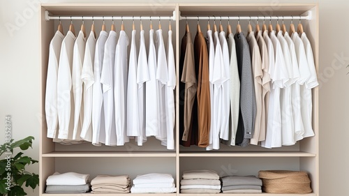 a white T-shirt hanging in a closet, with the focus sharply drawn to the clean lines and simplicity of the garment.