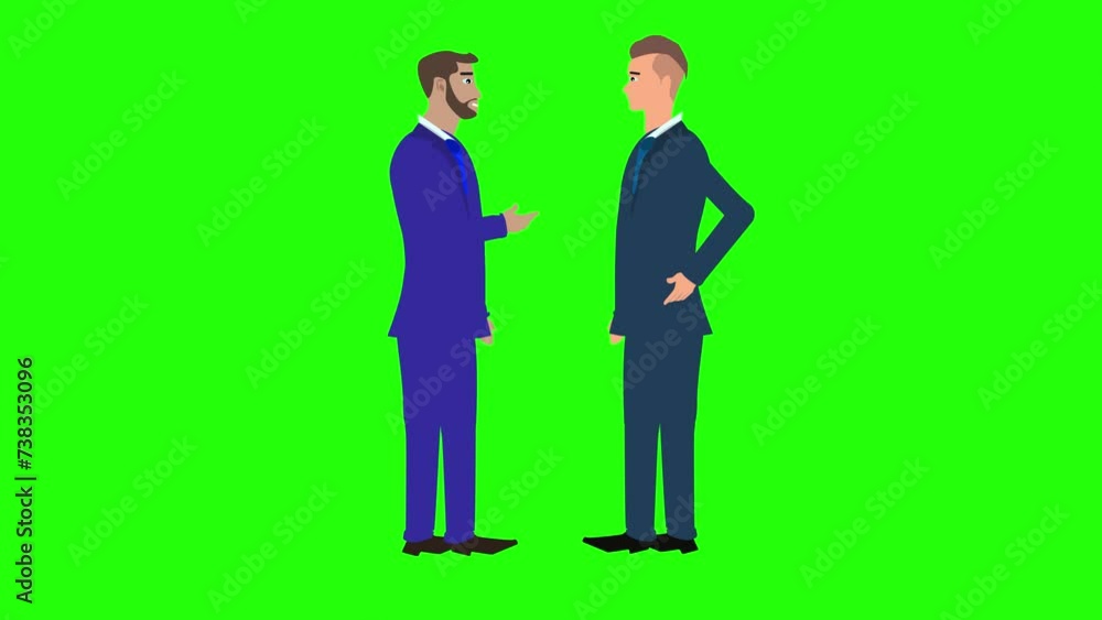 Animation of two business man character talking each other on green screen chroma key