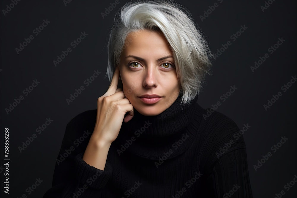 Portrait of a beautiful woman in a black sweater on a dark background