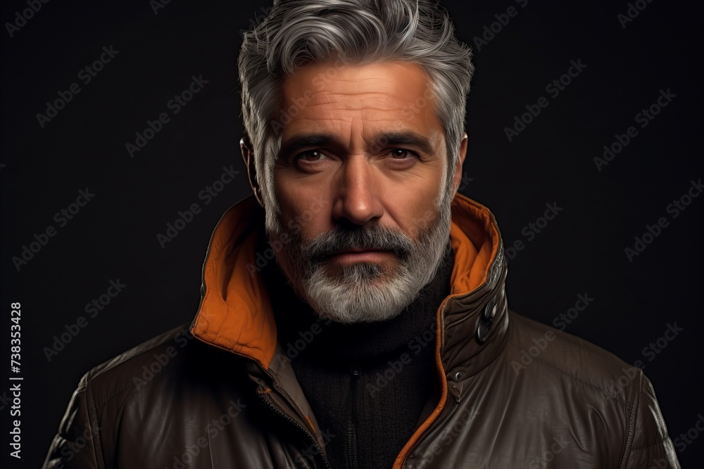 Portrait of a senior man with grey hair and beard wearing a warm jacket.