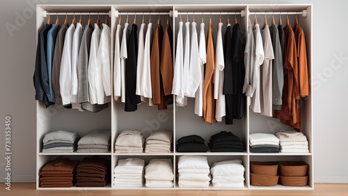 a white T-shirt hanging in a closet, with the focus sharply drawn to the clean lines and simplicity of the garment.