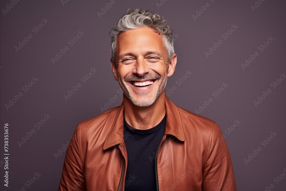 Portrait of a handsome middle-aged man in a leather jacket.