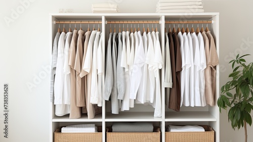 a white T-shirt hanging in a closet, with the focus sharply drawn to the clean lines and simplicity of the garment.