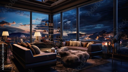 a luxurious studio penthouse apartment within a majestic ski resort at night, with towering panoramic windows offering a stunning vista of the mountains and the sky